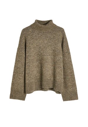 Khaki sweter z golfem o luźnym kroju, z ribbami na mankietach i na dole oraz z teksturowanym wzorem. Miękki materiał z subtelną wariacją kolorystyczną.