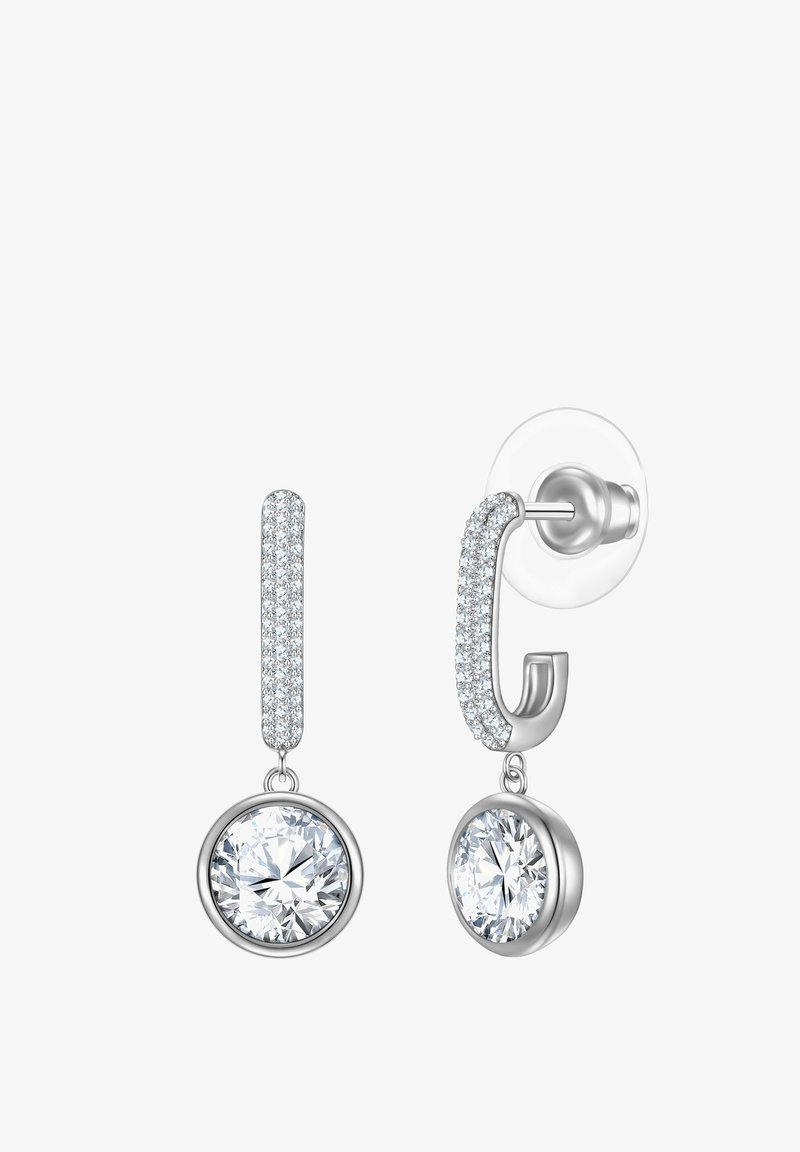 Orecchini pendenti con un design in argento, decorati con piccole pietre trasparenti e grandi pietre rotonde trasparenti alla base.