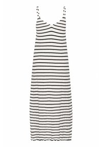 Abito midi senz spalline con un motivo a righe bianco e nero. Presenta un neckline arrotondato e un tessuto strutturato con orlo ondulato.