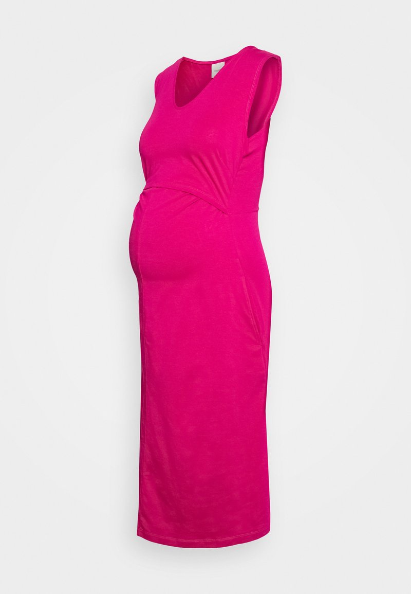 Vestido de maternidade justo e sem mangas em rosa vibrante, feito de um tecido suave com um ligeiro elasticidade, apresentando uma cintura franzida para maior conforto.