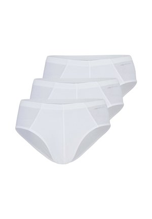 Drie witte herenslips diagonaal opgestapeld, met voor- en zijaanzichten op een effen witte achtergrond.