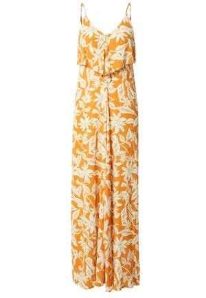 Orange sleeveless jumpsuit with white floral print, spaghetti straps, and layered ruffle detail over the bodice.