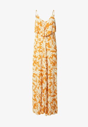 Orange sleeveless jumpsuit with white floral print, spaghetti straps, and layered ruffle detail over the bodice.