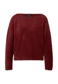 Maglione fluffoso borgogna con maniche lunghe, scollatura ampia e vestibilità comoda. Presenta un piccolo etichetta del marchio sul lato inferiore.