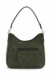 Sac à main en simili cuir vert foncé avec une silhouette incurvée, une courte bandoulière et une poche zippée à l'avant. Texture lisse avec des accents en noir.