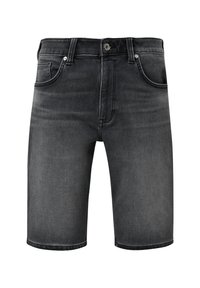 Shorts en denim noir avec un design classique à cinq poches, des coutures solides et une fermeture à bouton. Le tissu a une texture lisse et une finition décolorée.