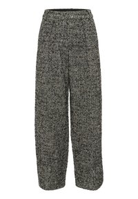 Fekete-fehér houndstooth mintás, bő szárú nadrág, texturált szövettel, plisszékkel és magas rugalmas derékpánttal.
