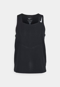Top sportivo nero senza maniche con collo rotondo, ampie aperture per le braccia e dettagli perforati per la traspirabilità. Presenta un logo Nike bianco sulla spalla.
