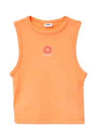 Oranje mouwloze ribbed tanktop met een ronde halslijn en geborduurd "CHILL OUT" met een zon ontwerp in roze en geel.