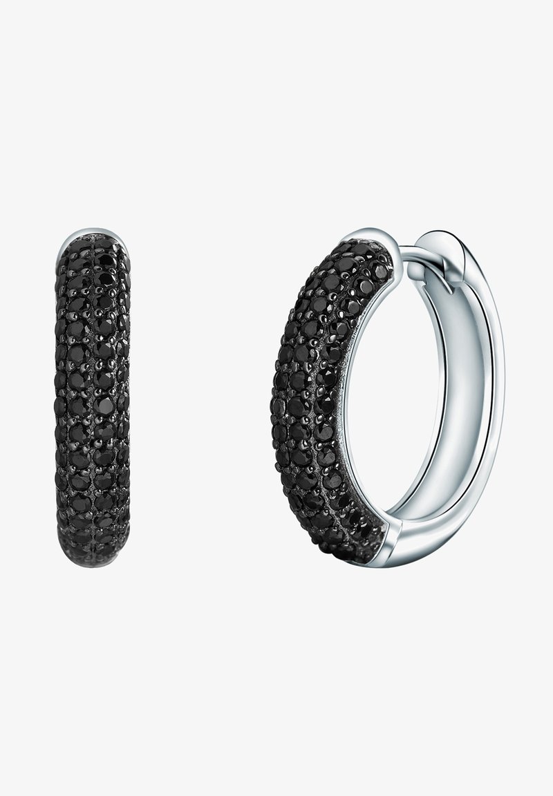 Orecchini a cerchio neri con superficie testurizzata, dotati di cristalli neri, accenti metallici argentati e un rivestimento interno liscio.