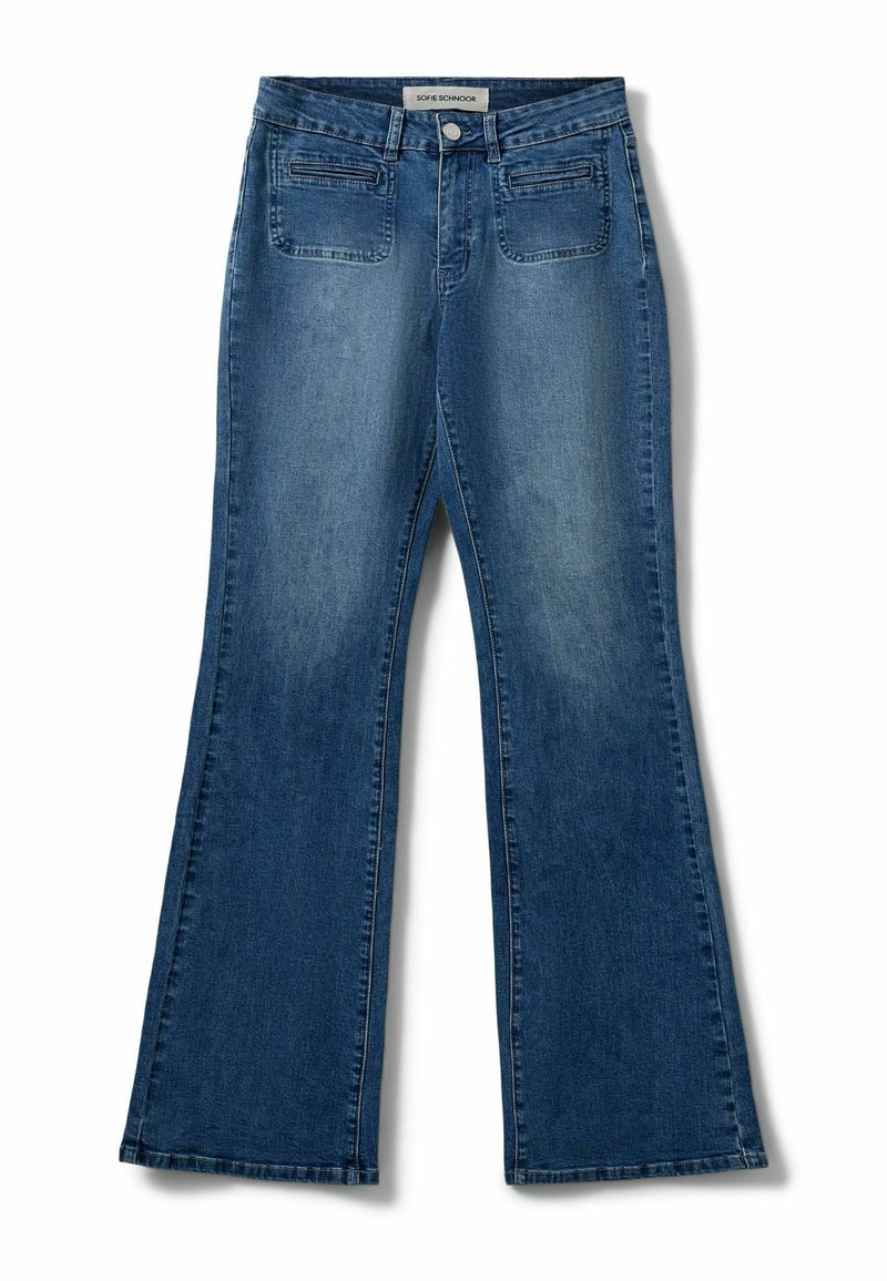 Plave traperice s lepršavim nogavicama, s prednjim džepovima, dugmetom za zatvaranje i suptilnim izbljeđivanjem. Pojas je standardne visine i ravnog kroja.