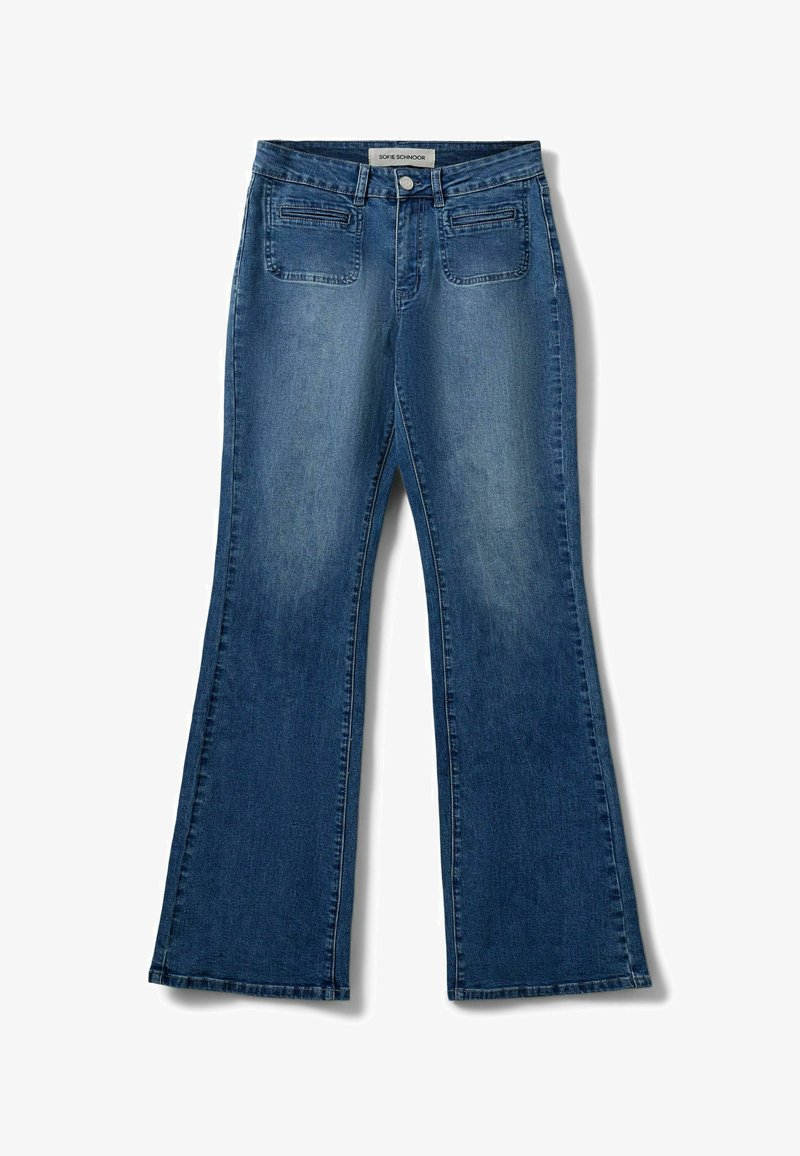 Plave traperice s lepršavim nogavicama, s prednjim džepovima, dugmetom za zatvaranje i suptilnim izbljeđivanjem. Pojas je standardne visine i ravnog kroja.