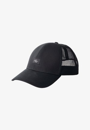 Črna baseball kapa Calvin Klein s čistimi sprednjimi paneli in mrežastimi zadnjimi paneli, na sprednji strani s športno majhno značko logotipa.