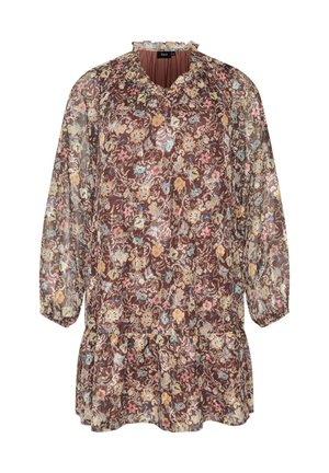 Zizzi, KLEID AUS CHIFFON MIT GEBLÜMTEM PRINT UND RÜSCHENLAGEN - Φόρεμα ημέρας - braun