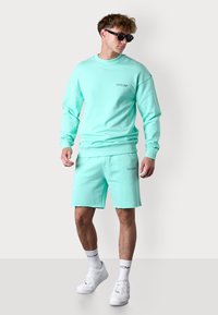 Sweatshirt vert menthe et short assorti en tissu mélangé coton, présentant un logo sur la poitrine et une coupe décontractée. Porté avec des baskets blanches.