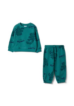 Türkisfarbenes Kinder-Sweatshirt- und Hose-Set mit Skateboarder- und ""smile"" Textmustern, elastischen Bündchen und Kordelzug an der Hose.