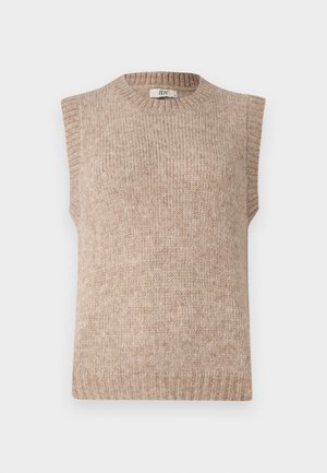 Sleeveless beige knit sweater with a ribbed neckline and hem. Soft texture, straight cut, and subtle variations in color throughout.