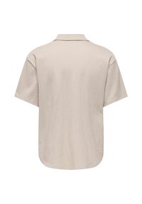 Chemise décontractée beige à manches courtes avec col, vue de dos, présentant un tissu légèrement texturé et un ourlet arrondi.