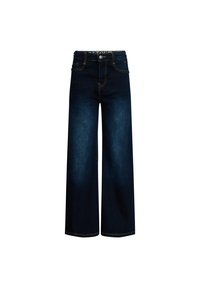 Jeans a gamba larga blu scuro con lavaggio scuro, dotati di tasche frontali, chiusura a bottone e dettagli di cucitura a contrasto.