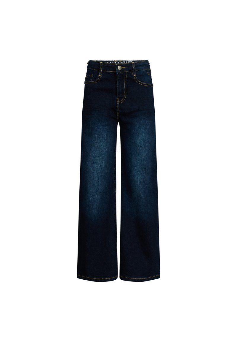 Jeans a gamba larga blu scuro con lavaggio scuro, dotati di tasche frontali, chiusura a bottone e dettagli di cucitura a contrasto.