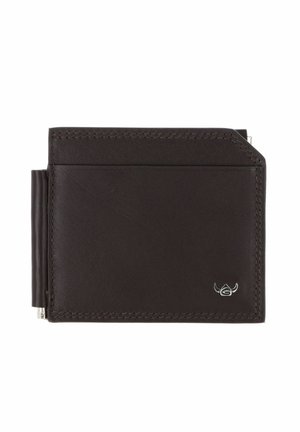 Portefeuille bifold en cuir marron foncé avec une pince métallique pour billets sur le côté gauche et un petit logo argenté en bas à droite.