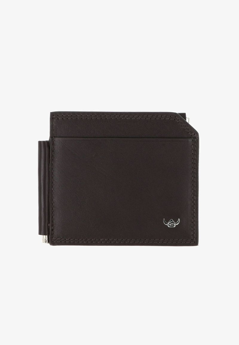 Portefeuille bifold en cuir marron foncé avec une pince métallique pour billets sur le côté gauche et un petit logo argenté en bas à droite.