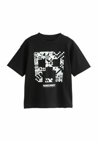 Czarny bawełniany t-shirt z białym pikselowym wzorem graficznym inspirowanym Minecraftem. Krótkie rękawy i okrągły dekolt.