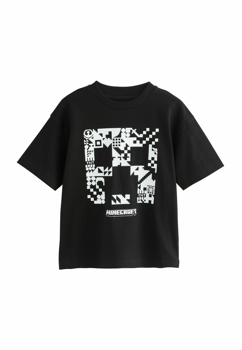 Czarny bawełniany t-shirt z białym pikselowym wzorem graficznym inspirowanym Minecraftem. Krótkie rękawy i okrągły dekolt.