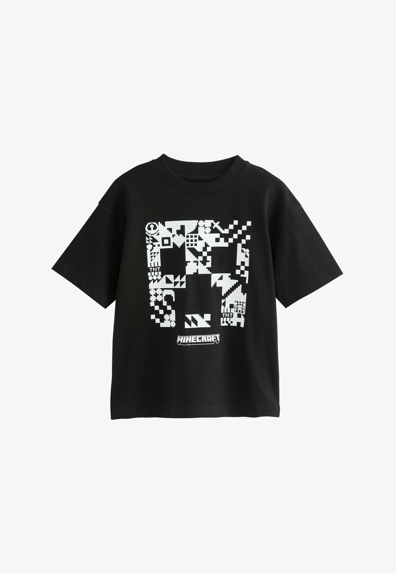 Črna bombažna majica s kratkimi rokavi, ki ima belo pikselizirano grafiko z elementi igre Minecraft. Obleka s kratkimi rokavi in krožno izrezom.