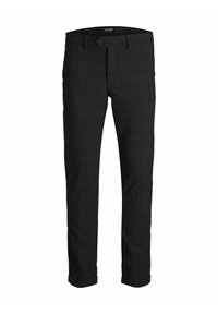 Black checkered trousers made of fabric with a smooth texture. Features a button closure and rolled cuffs for a tailored look.