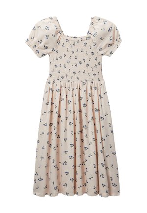 Robe midi rose clair avec imprimé floral bleu, manches ballon, encolure carrée et détail de taille froncée.