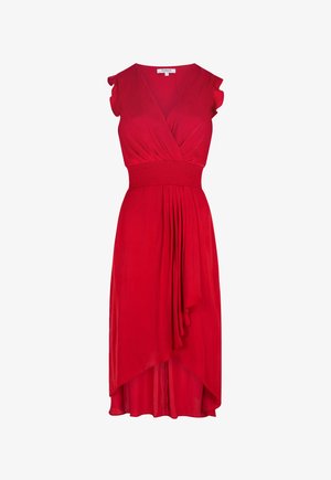 Abito rosso senza maniche con scollatura a V, vita arricciata e orlo asimmetrico. Realizzato in tessuto leggero con dettagli plissettati.