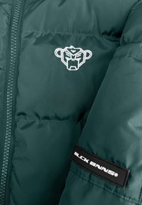 Groene pufferjack met een ritssluiting, voorzien van een wit geborduurd aaplogo op de borst en een zwarte stoffen label op de mouw.