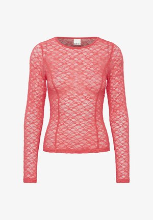 Koralna dolga čipkasta majica z okroglim izrezom. Ima zapleten cvetlični vzorec in ozek kroj. Mehak, teksturiran material.