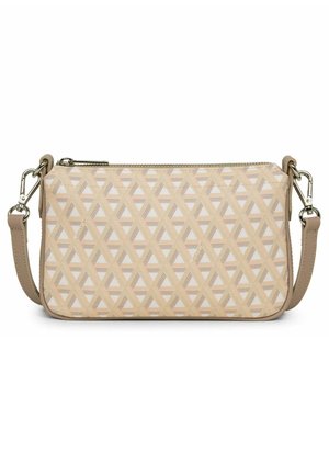 Sac à main beige à motif géométrique, avec une fermeture éclair, agrémenté d'une bandoulière amovible et d'une surface texturée.