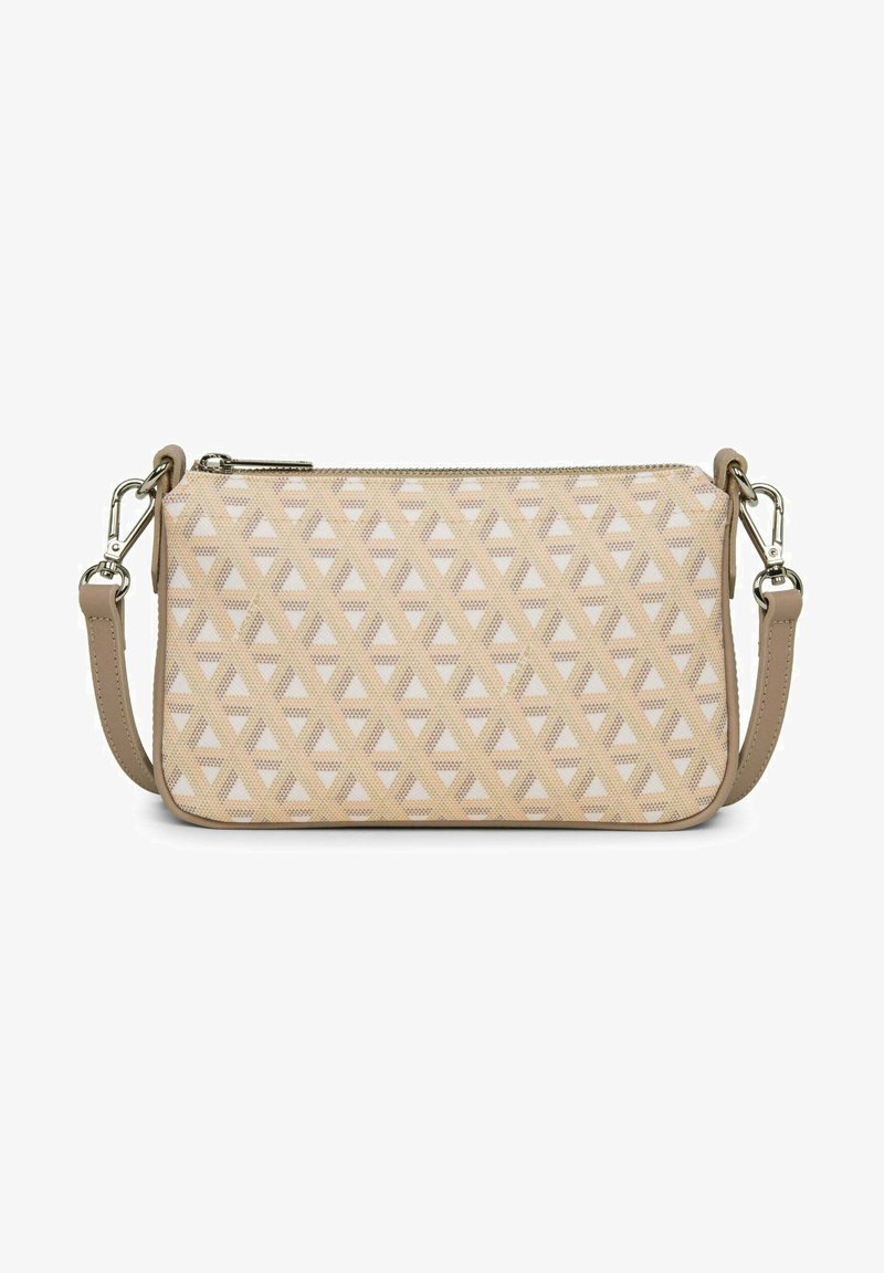 Sac à main beige à motif géométrique, avec une fermeture éclair, agrémenté d'une bandoulière amovible et d'une surface texturée.