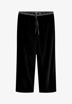 Černé široké kalhoty vyrobené z měkké tkaniny, s elastickým pasem a šňůrkou pro nastavitelnou velikost. Hladký povrch, bez vzorů.