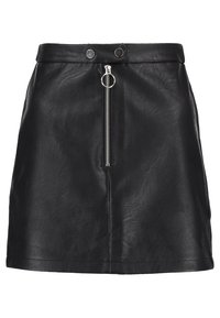Czarna skórzana mini spódnica z zamkiem błyskawicznym z przodu, okrągłymi elementami metalowymi w talii oraz gładką teksturą. Prosta, prosta sylwetka.