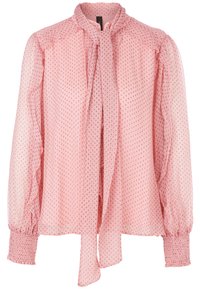 Rosa Chiffon-Bluse mit einer Krawatte am Hals, Rüschenschultern, langen Puffärmeln und gerüschten Manschetten; mit einem dezenten Punktmuster.