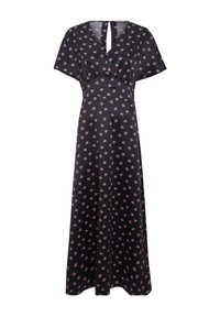 Maxi sukienka w kwiatowy wzór w kolorze granatowym, z krótkimi rękawami, dekoltem w kształcie litery V oraz wycięciem z tyłu. Wykonana z gładkiej tkaniny, z dopasowanym talią.