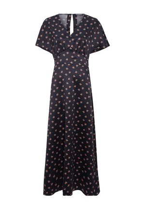 Mörkblå maxiklänning med blommönster, korta ärmar, V-ringning och nyckelhål bak. Tillverkad av ett mjukt tyg, med en figursydd midja.