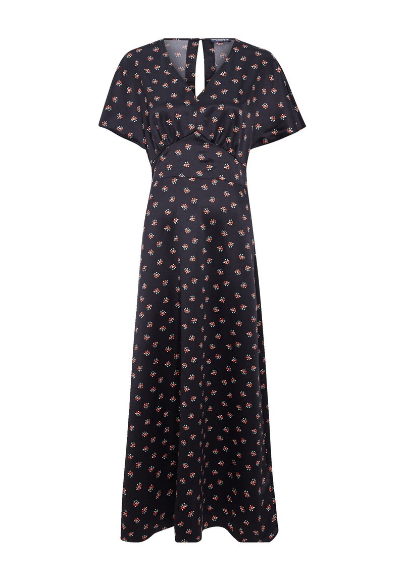 Maxi sukienka w kwiatowy wzór w kolorze granatowym, z krótkimi rękawami, dekoltem w kształcie litery V oraz wycięciem z tyłu. Wykonana z gładkiej tkaniny, z dopasowanym talią.