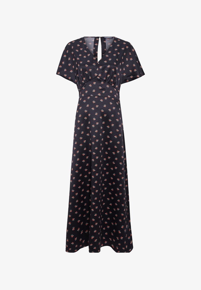 Maxi sukienka w kwiatowy wzór w kolorze granatowym, z krótkimi rękawami, dekoltem w kształcie litery V oraz wycięciem z tyłu. Wykonana z gładkiej tkaniny, z dopasowanym talią.