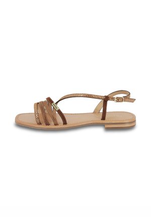 Brown leather sandals with metallic accents, featuring multiple thin straps, a flat sole, and an adjustable ankle buckle.