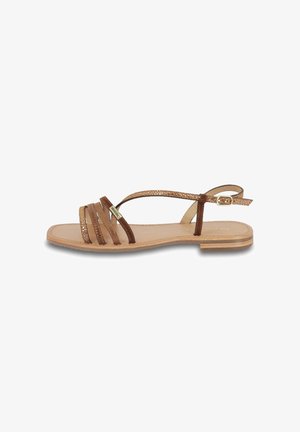 Sandali in pelle marrone con accenti metallici, dotati di più sottili cinturini, suola piatta e fibbia regolabile alla caviglia.