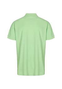 Polo vert clair à manches courtes vu de dos avec un col côtelé et une texture lisse et unie.