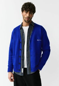 Felle blauwe gebreide cardigan met knopen aan de voorkant, geribde manchetten en zijzakken, gedragen over een zwart-wit gestreept shirt.