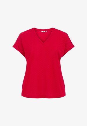 Rotes V-Ausschnitt-T-Shirt mit kurzen Ärmeln, das ein strukturiertes Zickzackmuster aufweist. Hergestellt aus leichtem Stoff für hohen Komfort.