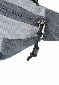 Gray fabric pouch featuring a durable zipper and a textured surface, with a black cord and hardware accent attached.