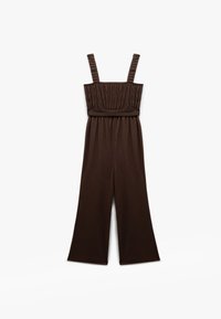 Bruine jumpsuit met wijd uitlopende benen, smocked lijfje en verstelbare, geribbelde bandjes. Gladde textuur en ontwerp over de volle lengte.